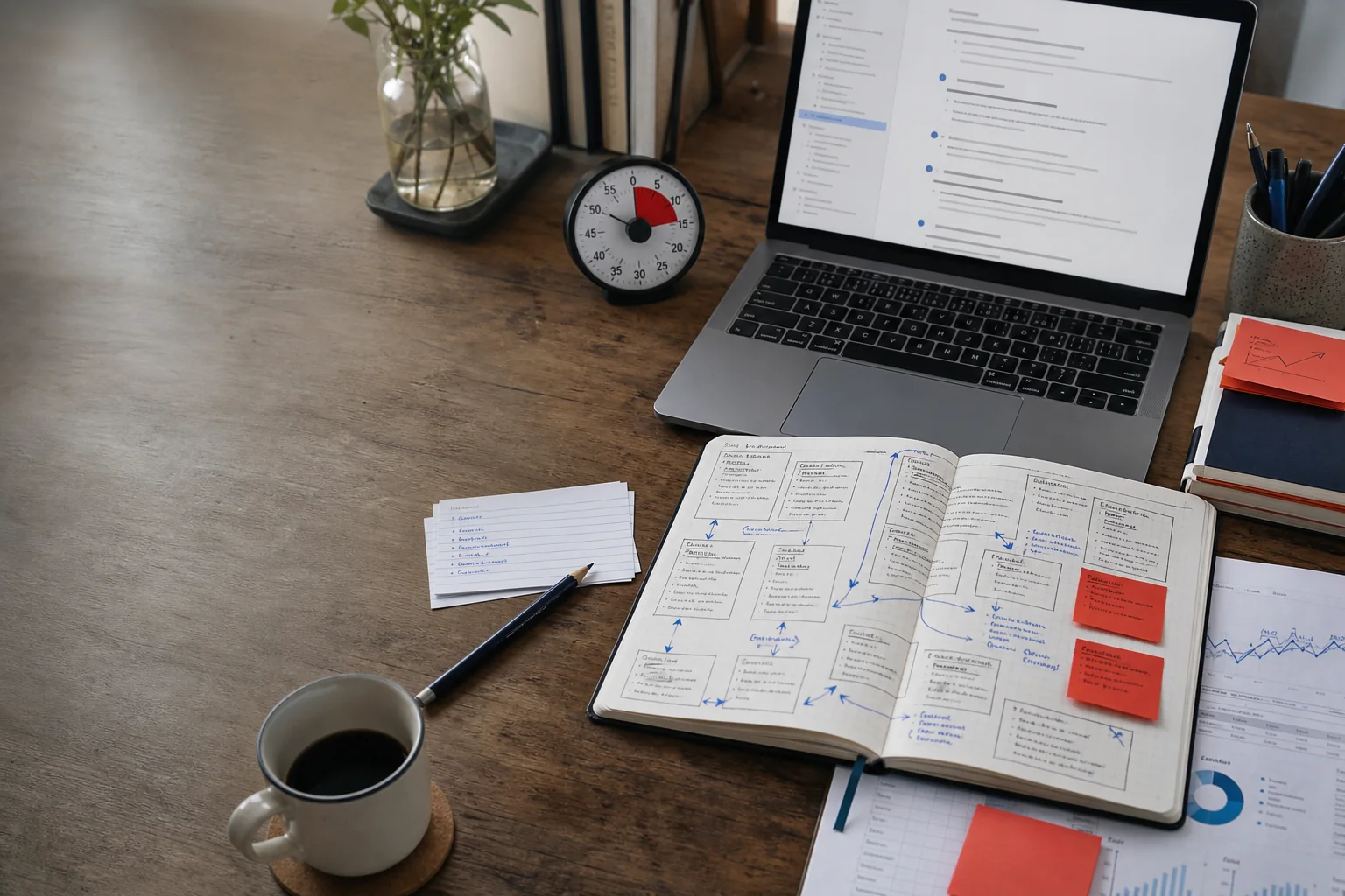 A working desk with an editorial notebook, laptop and content planning notes
